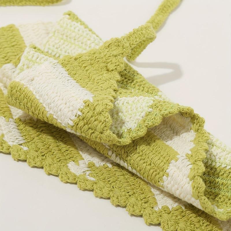 Crochet Plaid Triangle Head Scarf Pastoral Style Hair Accessories