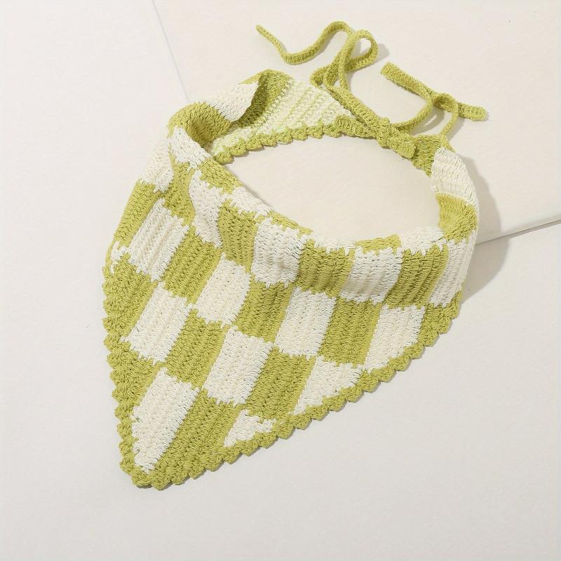 Crochet Plaid Triangle Head Scarf Pastoral Style Hair Accessories