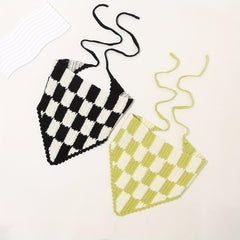 Crochet Plaid Triangle Head Scarf Pastoral Style Hair Accessories