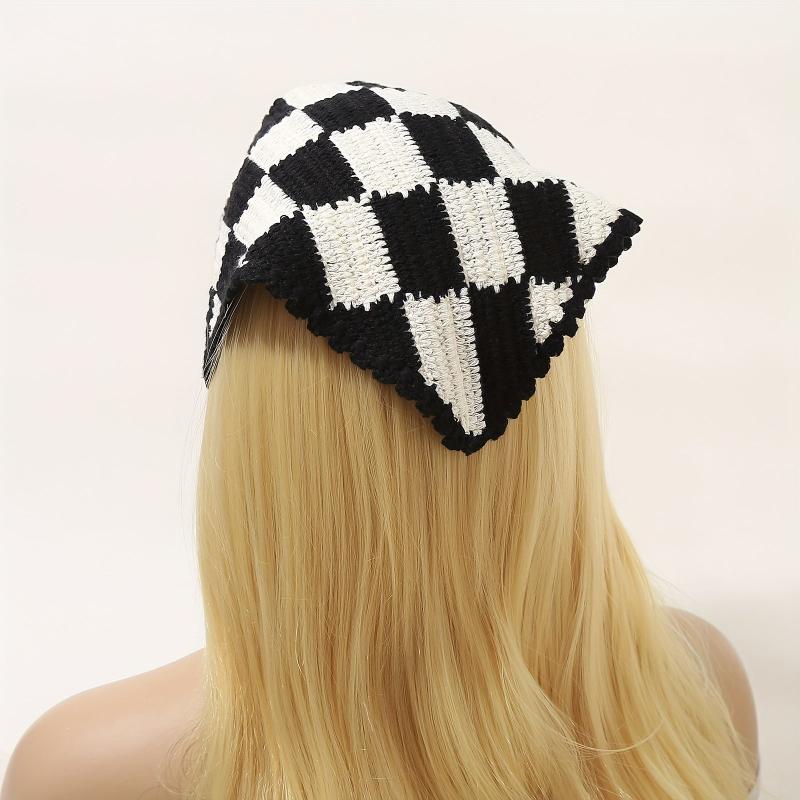 Crochet Plaid Triangle Head Scarf Pastoral Style Hair Accessories