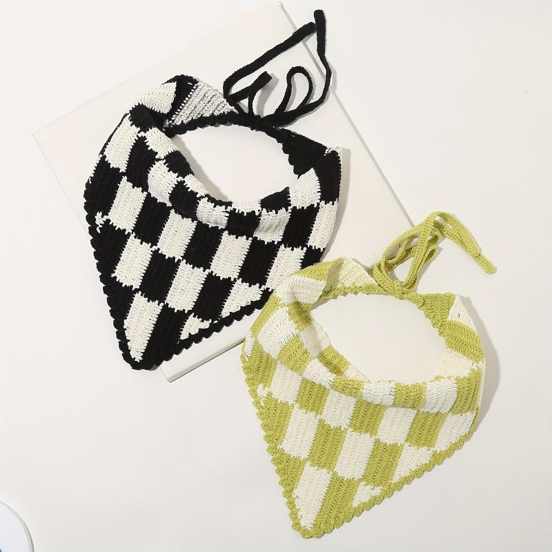 Crochet Plaid Triangle Head Scarf Pastoral Style Hair Accessories