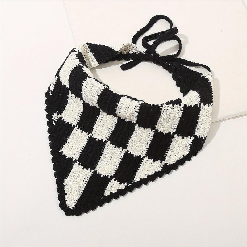 Crochet Plaid Triangle Head Scarf Pastoral Style Hair Accessories