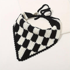 Crochet Plaid Triangle Head Scarf Pastoral Style Hair Accessories
