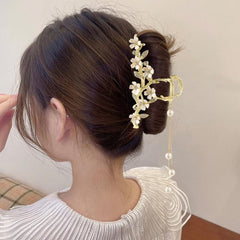 Golden Metal Faux Pearl Hair Clip Tassel Flower Hair Claw Barrettes