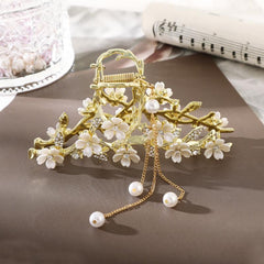 Golden Metal Faux Pearl Hair Clip Tassel Flower Hair Claw Barrettes