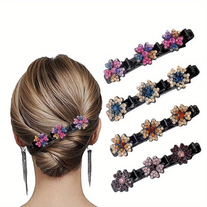 4PCS Satin Fabric Clover Sparkling Crystal Hair Clips Hairpins