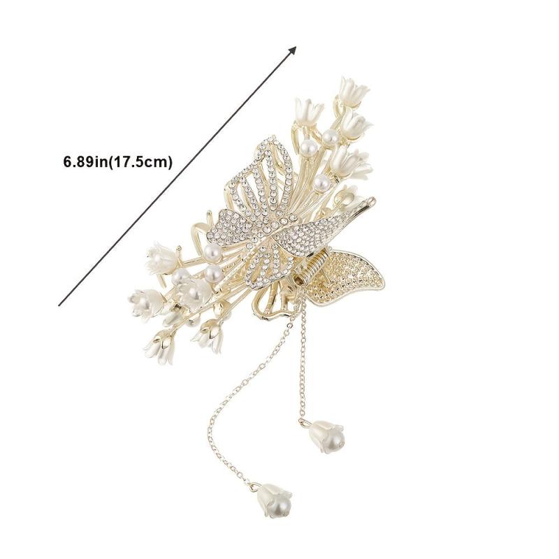 Tulip Flower Butterfly Rhinestone Hair Claw Clip in Gold