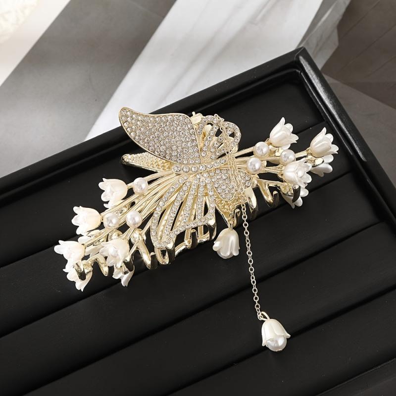 Tulip Flower Butterfly Rhinestone Hair Claw Clip in Gold
