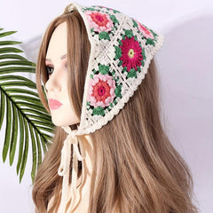 Women Floral Crochet Boho Kerchief Bandana Flower Hair Band