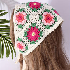 Women Floral Crochet Boho Kerchief Bandana Flower Hair Band