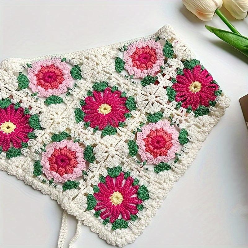 Women Floral Crochet Boho Kerchief Bandana Flower Hair Band