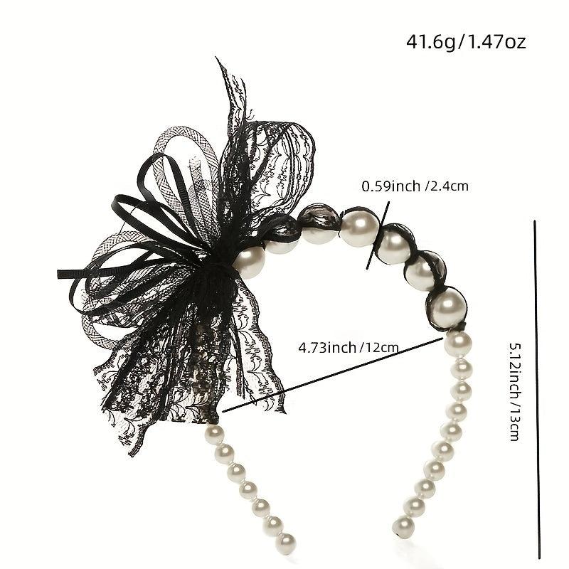 Lace Bow Headband Faux Pearl Hair Band for Women