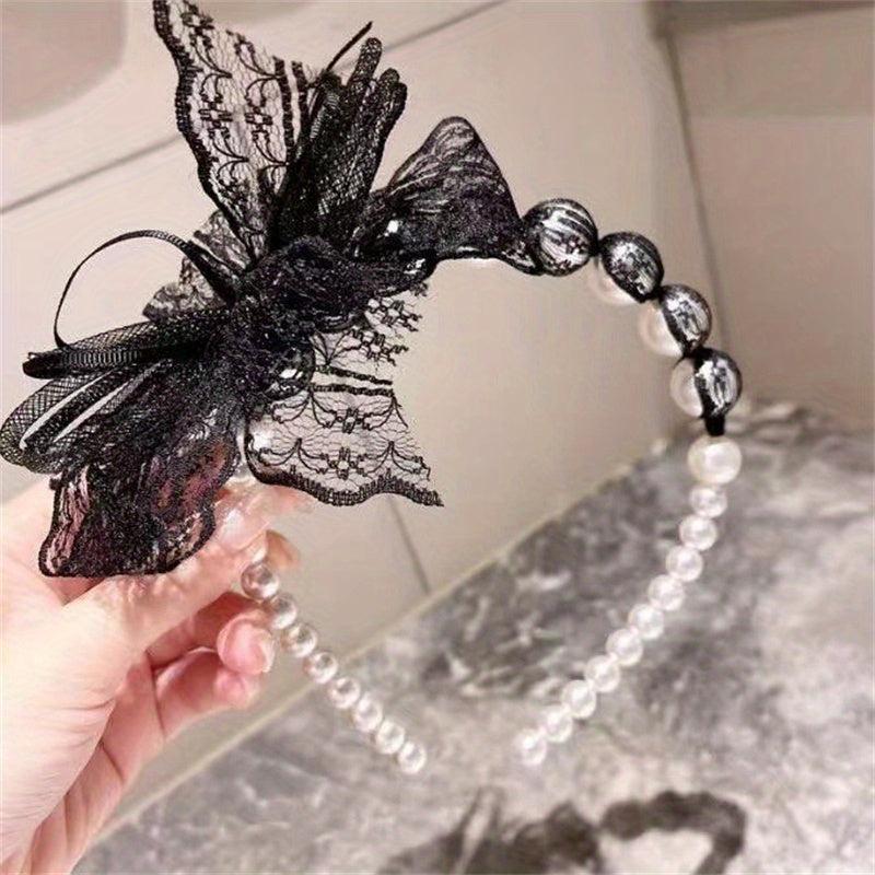 Lace Bow Headband Faux Pearl Hair Band for Women