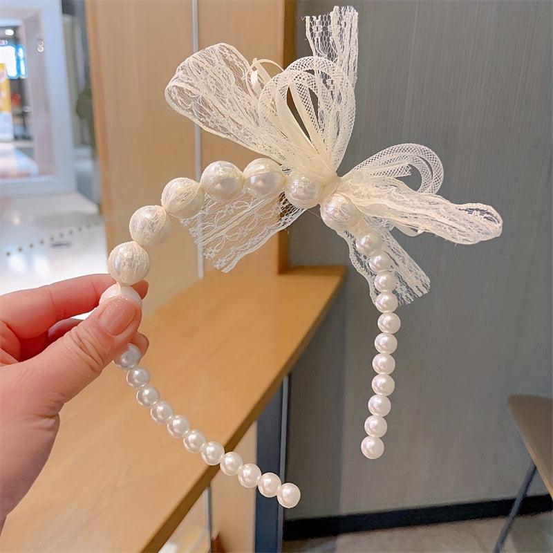 Lace Bow Headband Faux Pearl Hair Band for Women