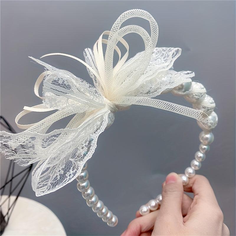 Lace Bow Headband Faux Pearl Hair Band for Women