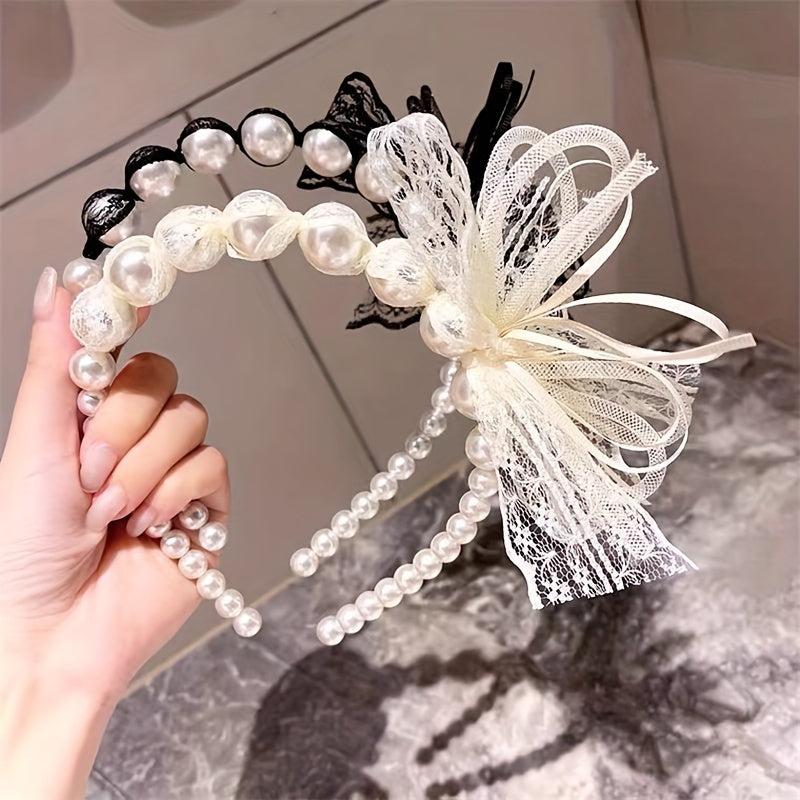 Lace Bow Headband Faux Pearl Hair Band for Women