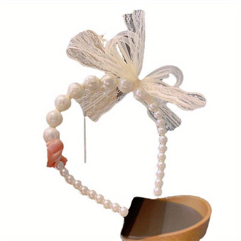 Lace Bow Headband Faux Pearl Hair Band for Women