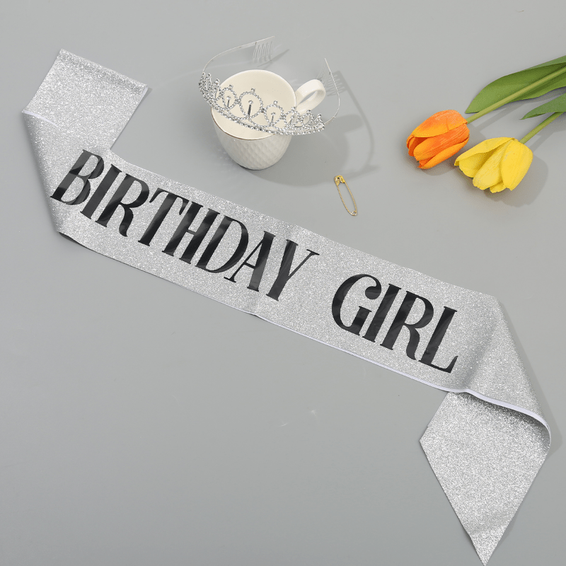 Crown & Pink Sash Crystal Tiara Set, Women Kids Birthday Decorations