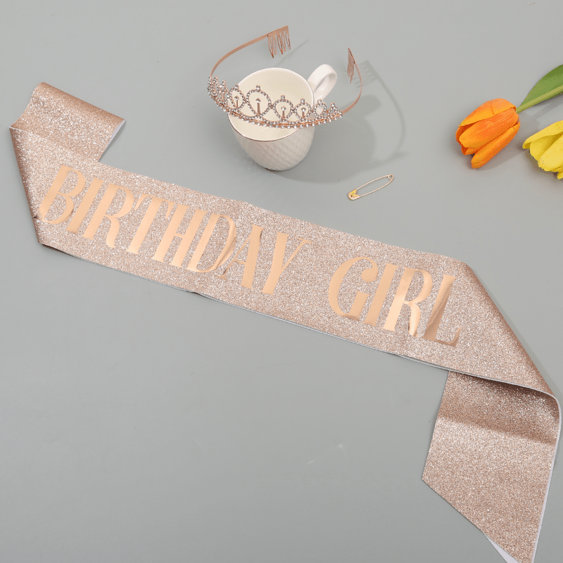 Crown & Pink Sash Crystal Tiara Set, Women Kids Birthday Decorations