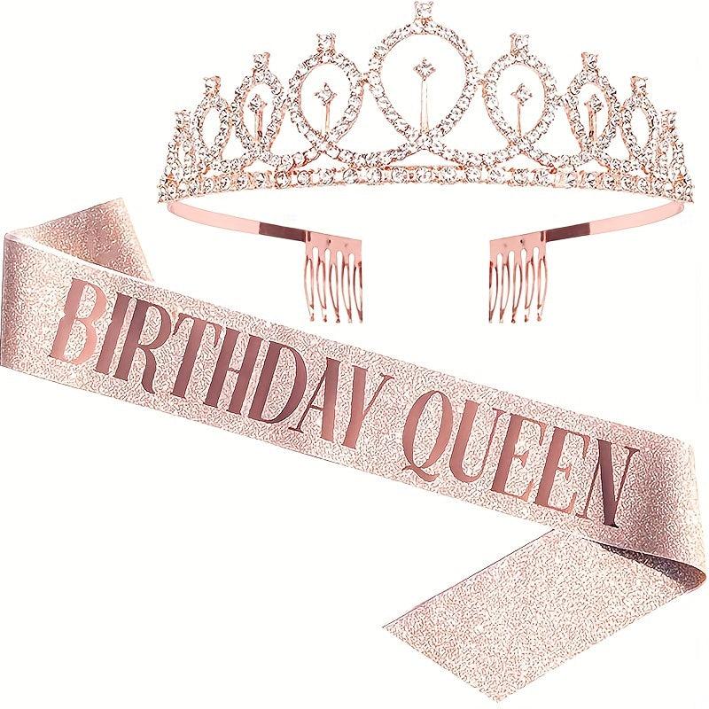 Crown & Pink Sash Crystal Tiara Set, Women Kids Birthday Decorations