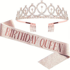 Crown & Pink Sash Crystal Tiara Set, Women Kids Birthday Decorations