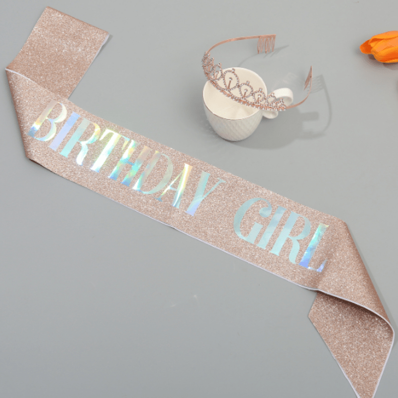 Crown & Pink Sash Crystal Tiara Set, Women Kids Birthday Decorations