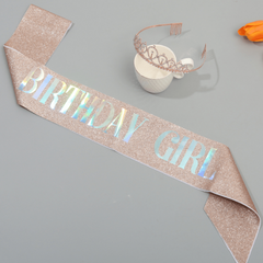 Crown & Pink Sash Crystal Tiara Set, Women Kids Birthday Decorations