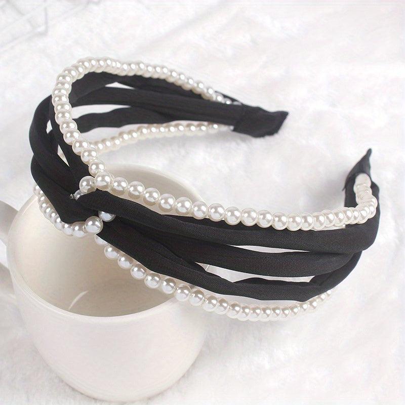 Cross Knot Headband with Faux Pearl Decor