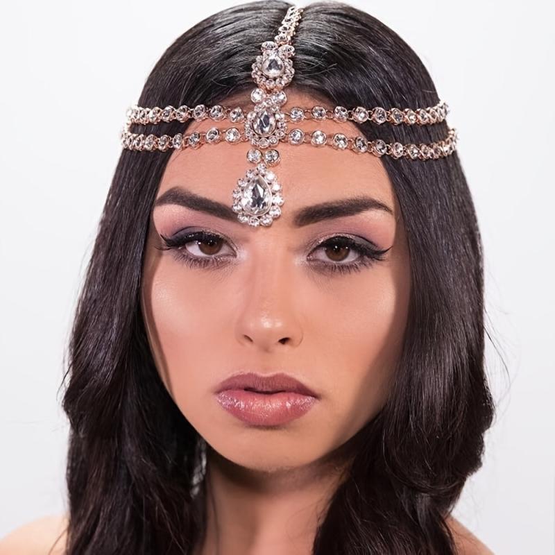 Boho Rhinestone Head Chain Jewelry Golden Bridal Headpiece