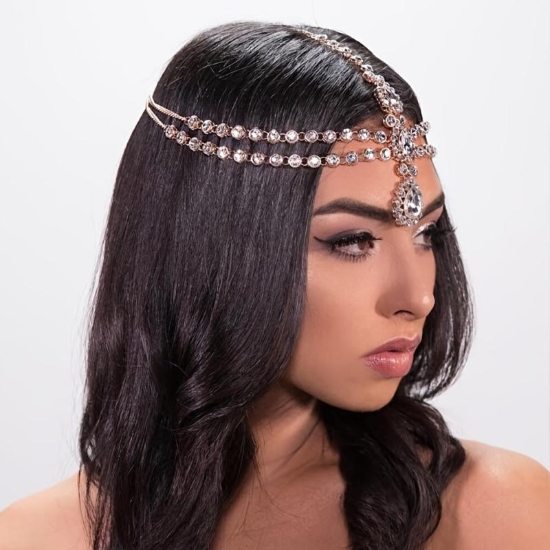 Boho Rhinestone Head Chain Jewelry Golden Bridal Headpiece