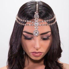 Boho Rhinestone Head Chain Jewelry Golden Bridal Headpiece