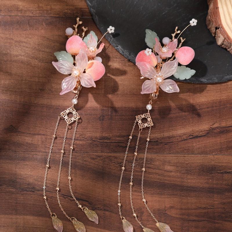 Chinese Style Hair Clip Tassel Peach Blossom Decor Duck Bill Clip Costume Access