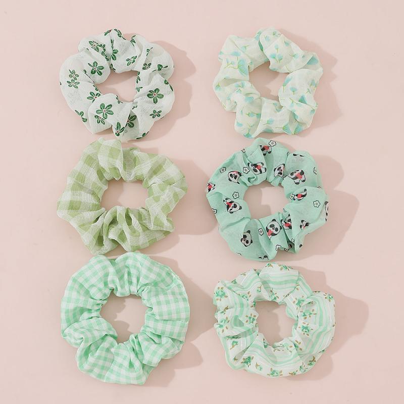 6pcs Checkered Scrunchies Panda Print Hair Rope Elastic Hair Accessories