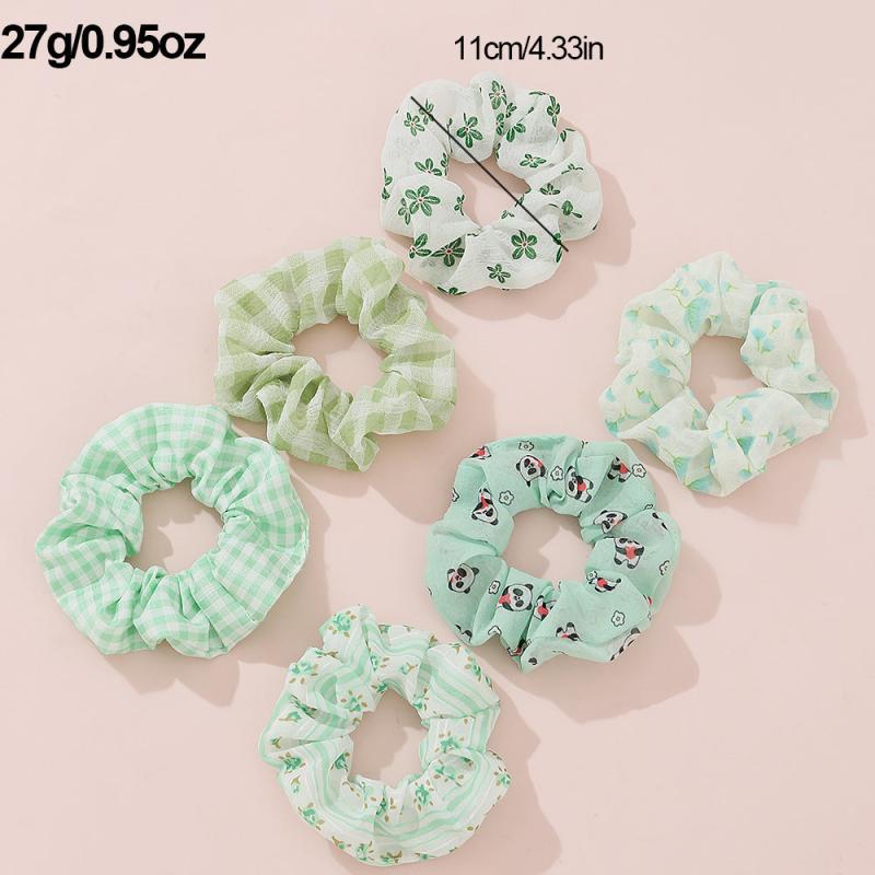 6pcs Checkered Scrunchies Panda Print Hair Rope Elastic Hair Accessories