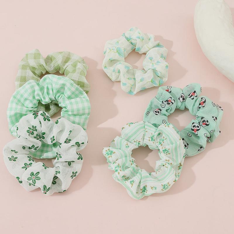 6pcs Checkered Scrunchies Panda Print Hair Rope Elastic Hair Accessories