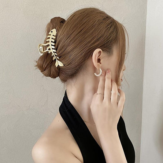 Golden Fish Bone Hair Claw Clip Large Metal Hair Jaw Clamps Nonslip Hair Clip