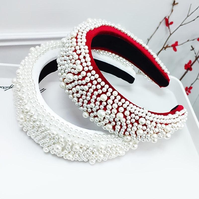 Faux Pearl Sponge Hair Hoop Velvet Colorful Wide Brim Headband