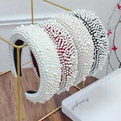 Faux Pearl Sponge Hair Hoop Velvet Colorful Wide Brim Headband