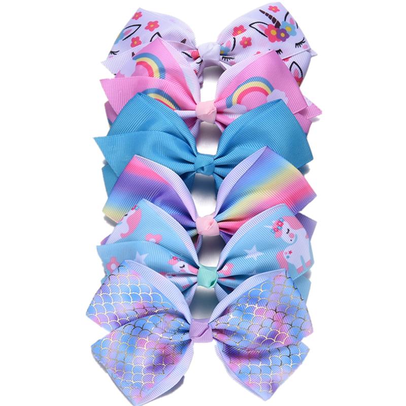 5pcs Rainbow Grosgrain Ribbon Bows Clips for Kids