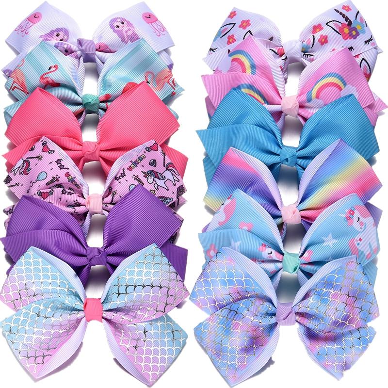 5pcs Rainbow Grosgrain Ribbon Bows Clips for Kids