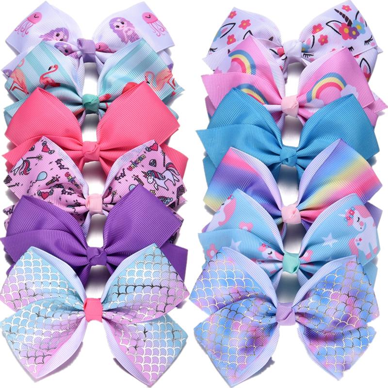 5pcs Rainbow Grosgrain Ribbon Bows Clips for Kids