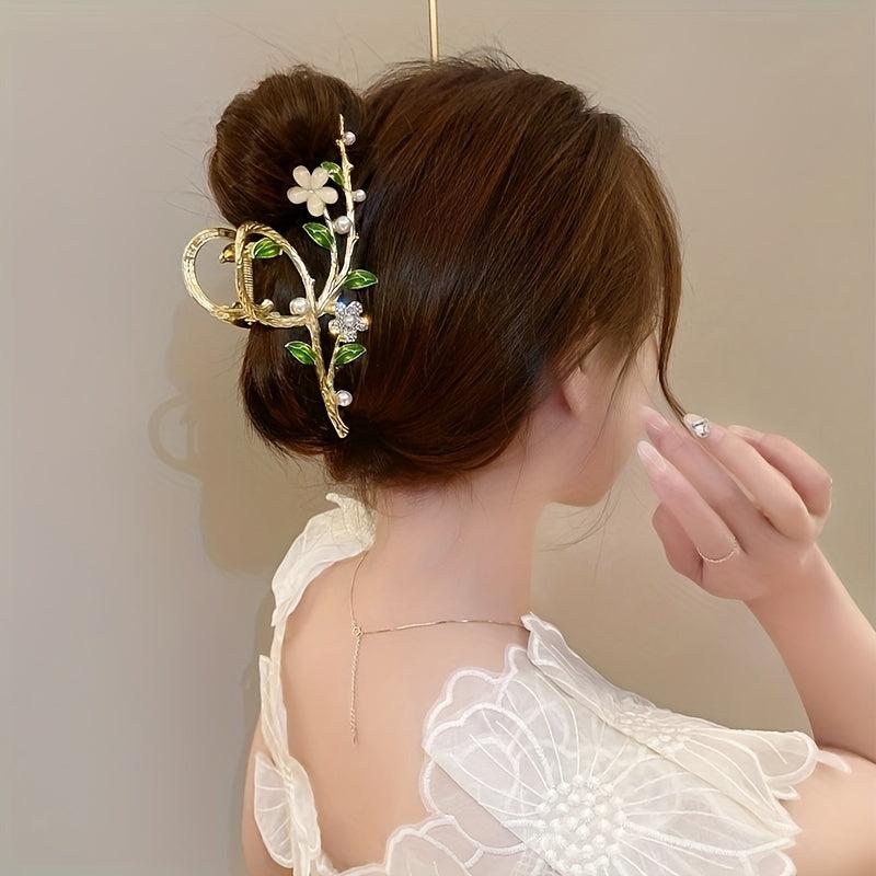Golden Metal Hair Claw Flower Leaf Jaw Clip Nonslip Hair Clamp