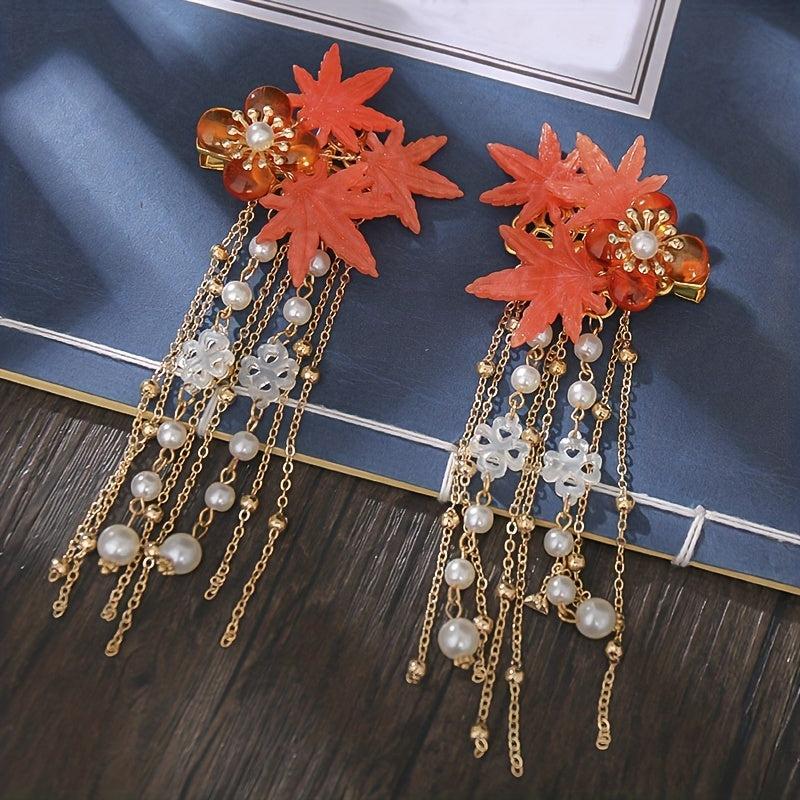 Flower Hairpin With Tassel Maple Leaf Hair Accessories