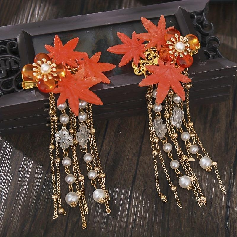 Flower Hairpin With Tassel Maple Leaf Hair Accessories