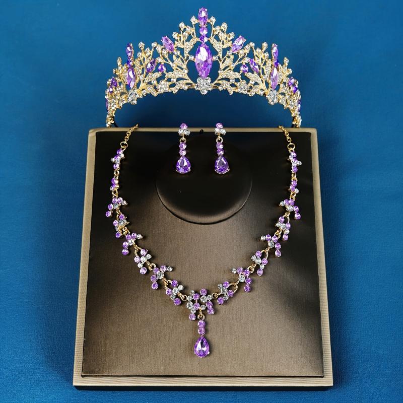 3PC Wedding Jewelry Set Necklace Earrings Crown Bridal Accessory