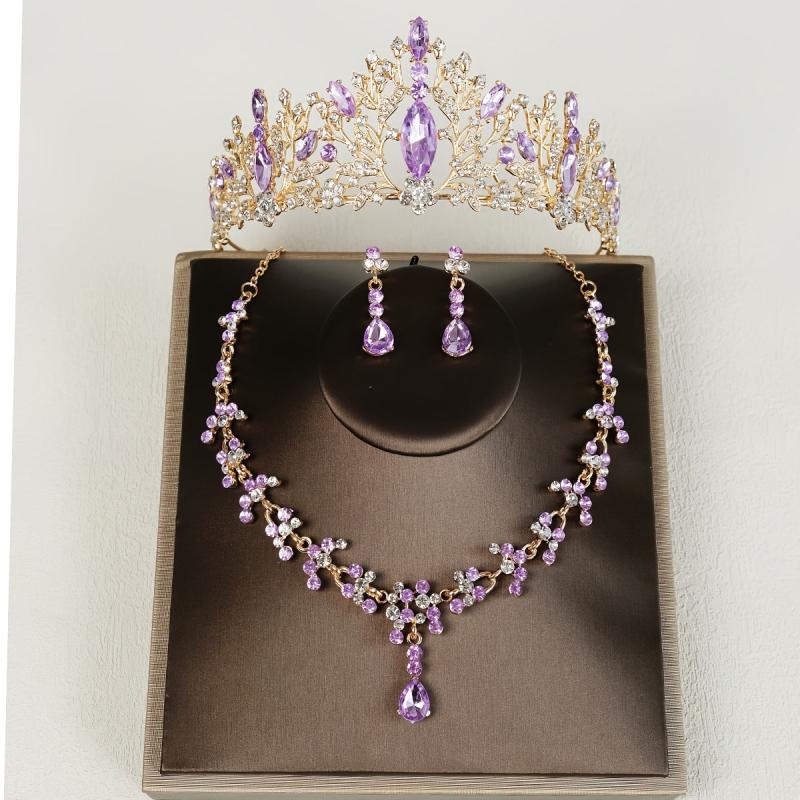 3PC Wedding Jewelry Set Necklace Earrings Crown Bridal Accessory