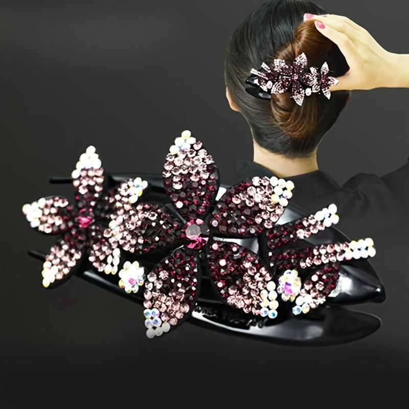4pcs Rhinestone Flower Hair Clip Crystal Hairpin Non Slip Women Barrette