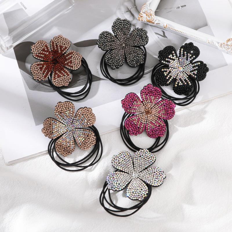 Flower Decor Hair Tie Non Slip Rhinestone Scrunchie Ponytail Holder