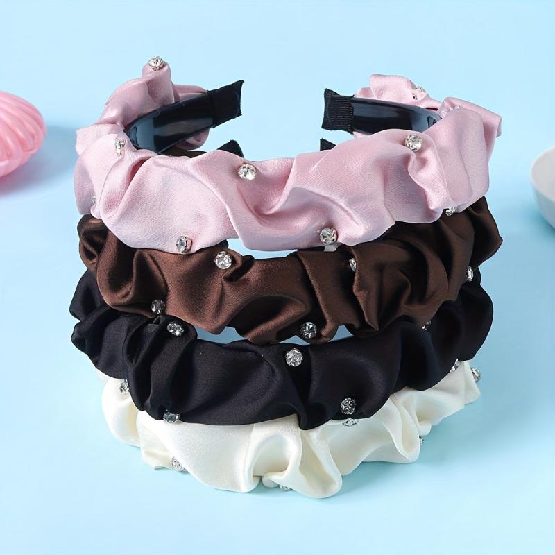 Pleated Satin Headband with Rhinestone Decor - Hair Hoop Style for Women Girls