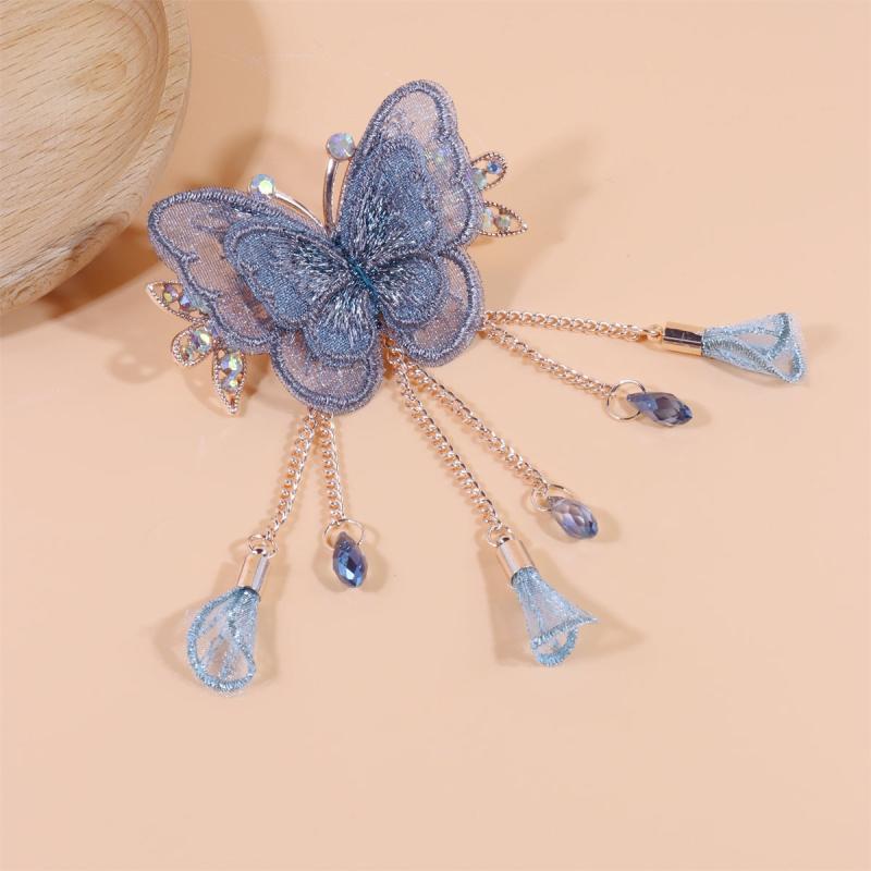 Butterfly Embroidered Hair Claw Clip with Tassel Chain